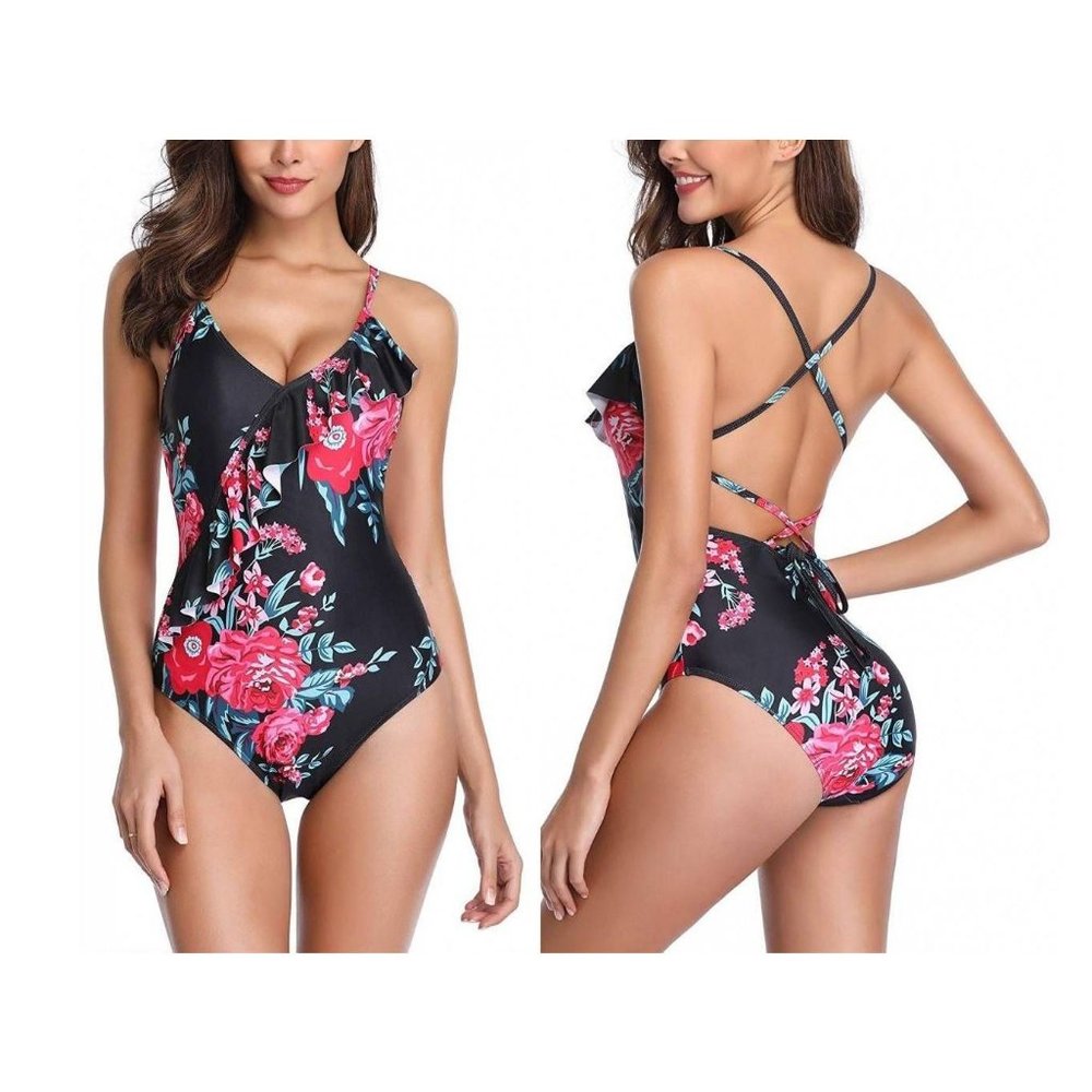 Eomenie Ruffle Flounce Tie Back Swimsuit M